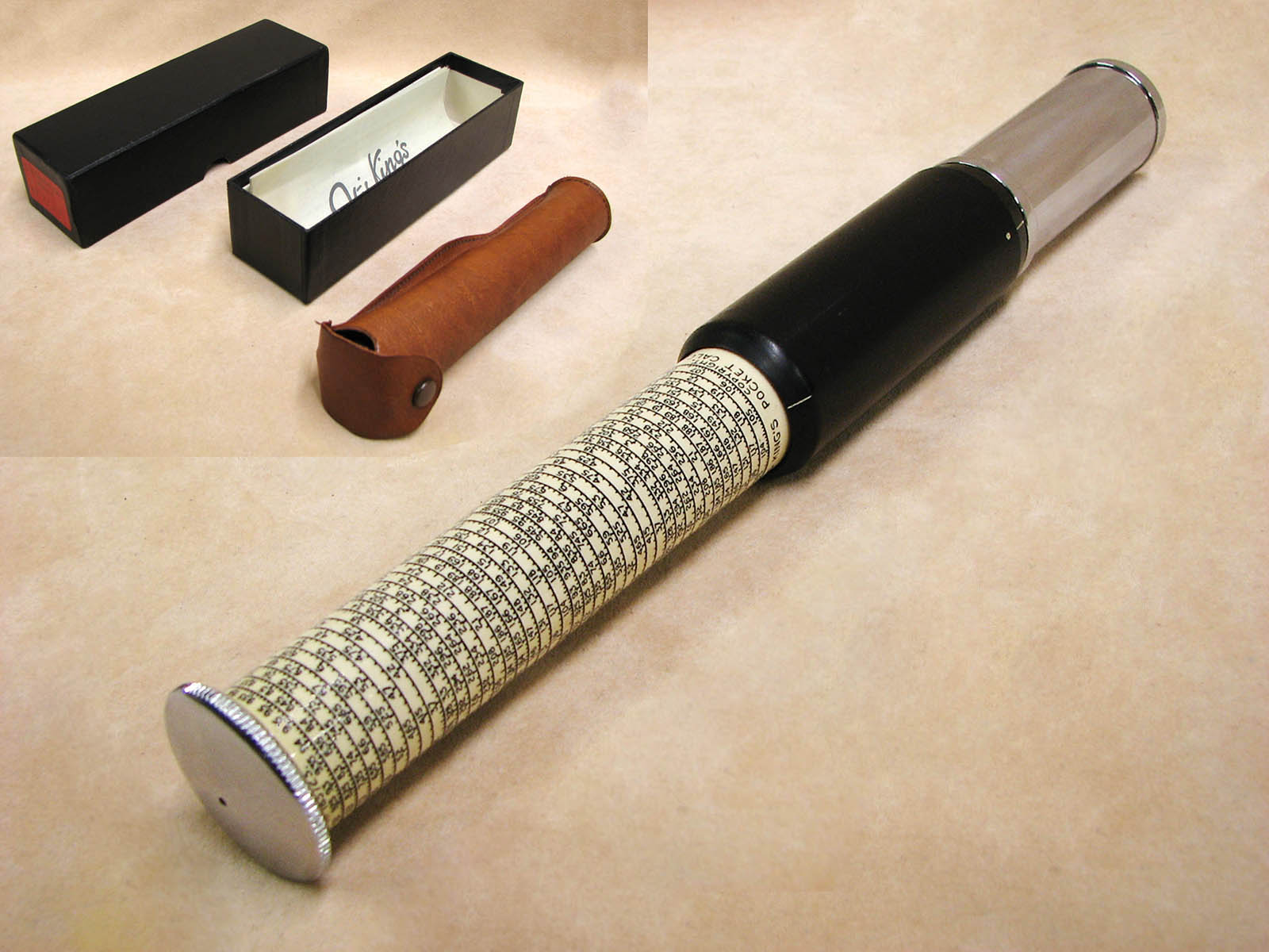 1960's Otis King Model K type C leather cased cylidrical slide rule calculator